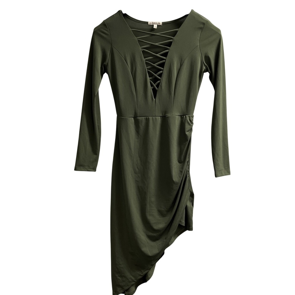 Vintage Charlotte Russe Y2K Dress Womens S Green Fitted Deep V Neck Assemetrical